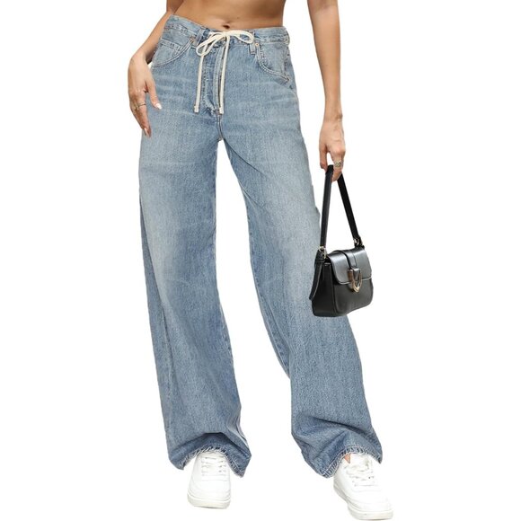 Denim - Womens High Waist Wide Leg Denim Jeans Drawstring Casual Cotton Polyester
